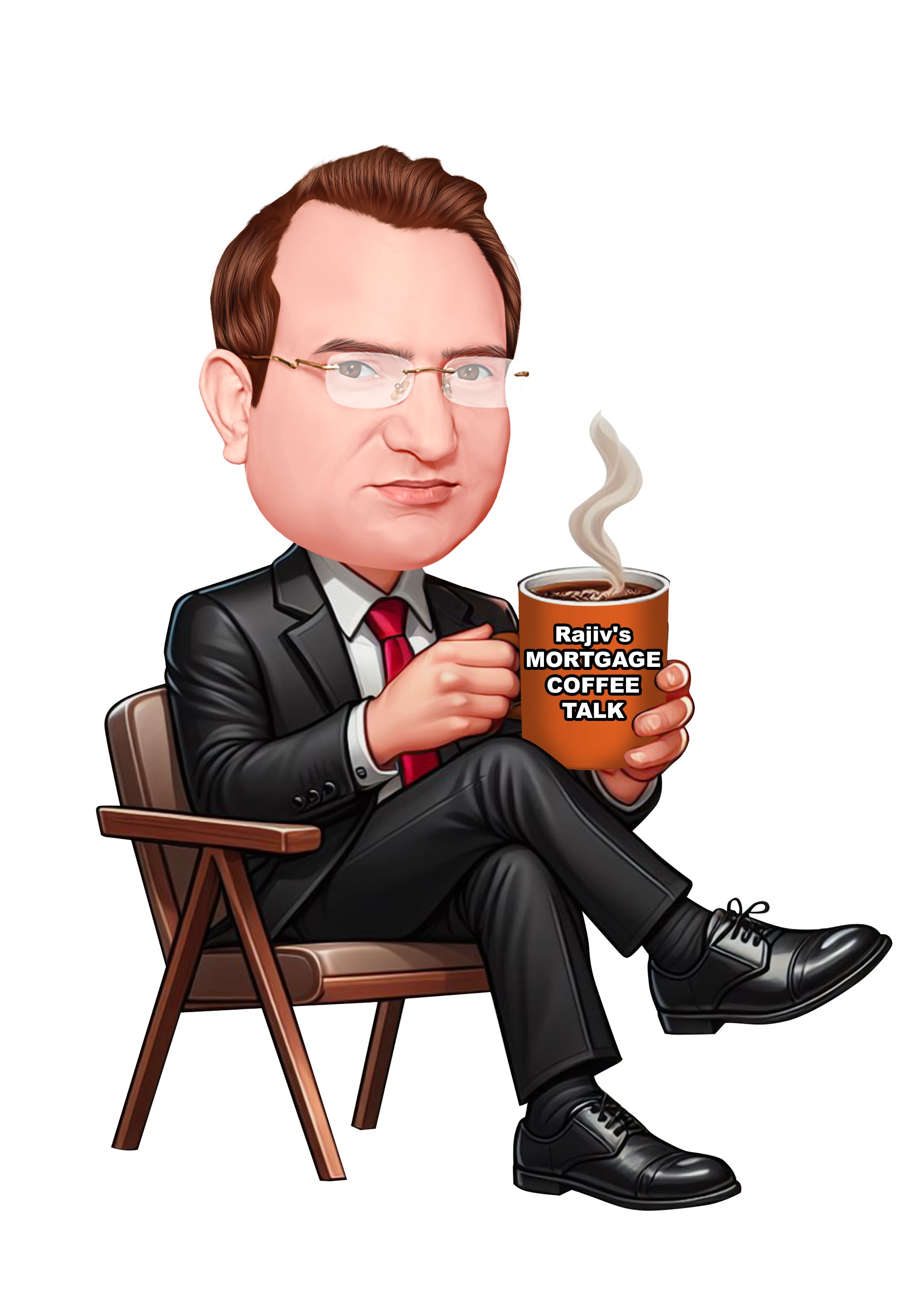 Rajiv Verma, Mortgage Broker, with a Rajiv's Mortgage Coffee Talk mug
